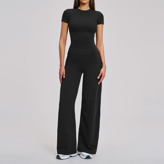 PISONIC Womens Two Piece Workout Sets Slim Fit Short Sleeve Shirt Straight Leg Yoga Pants Yoga Outfits Matching Gym Set