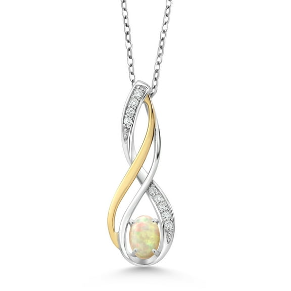 10K Yellow Gold and 925 Sterling Silver White Ethiopian Opal and White Lab Grown Diamond Pendant Necklace for Women (0.38 Cttw, Gemstone Birthstone, Oval Cabochon 6X4MM, With 18 inch Silver Chain)