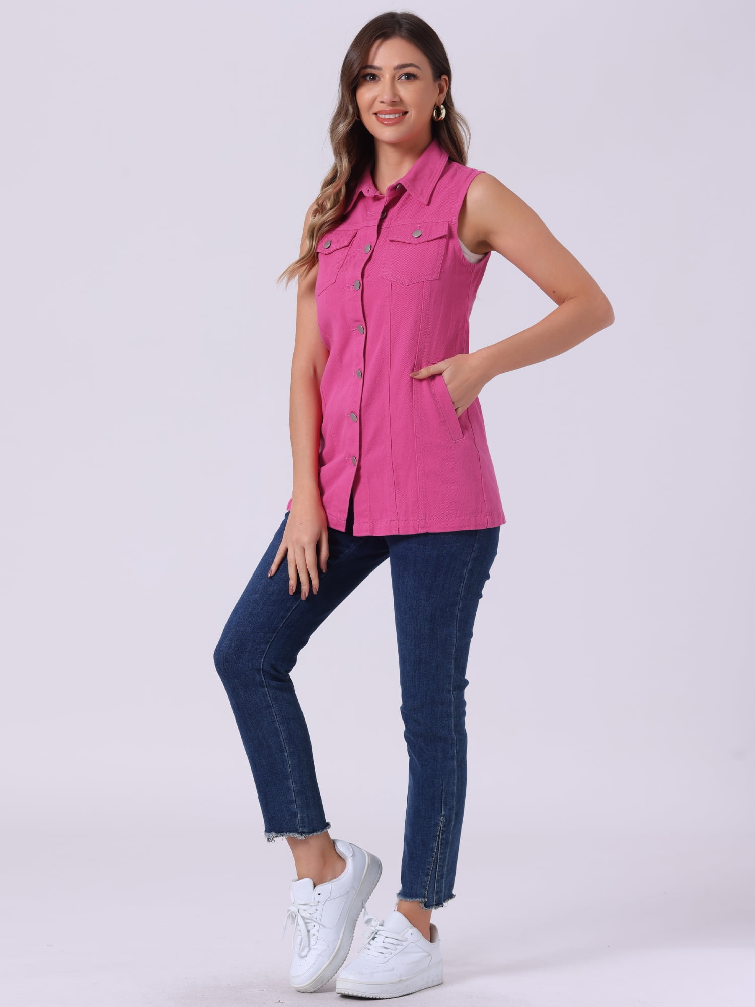 DARING DIVA Women's Button Down Sleeveless Pockets Mid-Long Denim Vest S Hot Pink