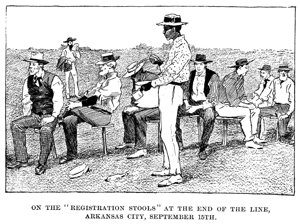 Oklahoma Land Rush 1893 Nhomesteaders At Arkansas City Kansas Sit On