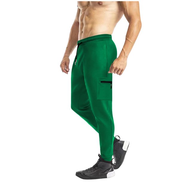 Puntoco Pantalones cargo de color sólido con bolsillos y cremallera, cintura elástica y largo completo para hombre