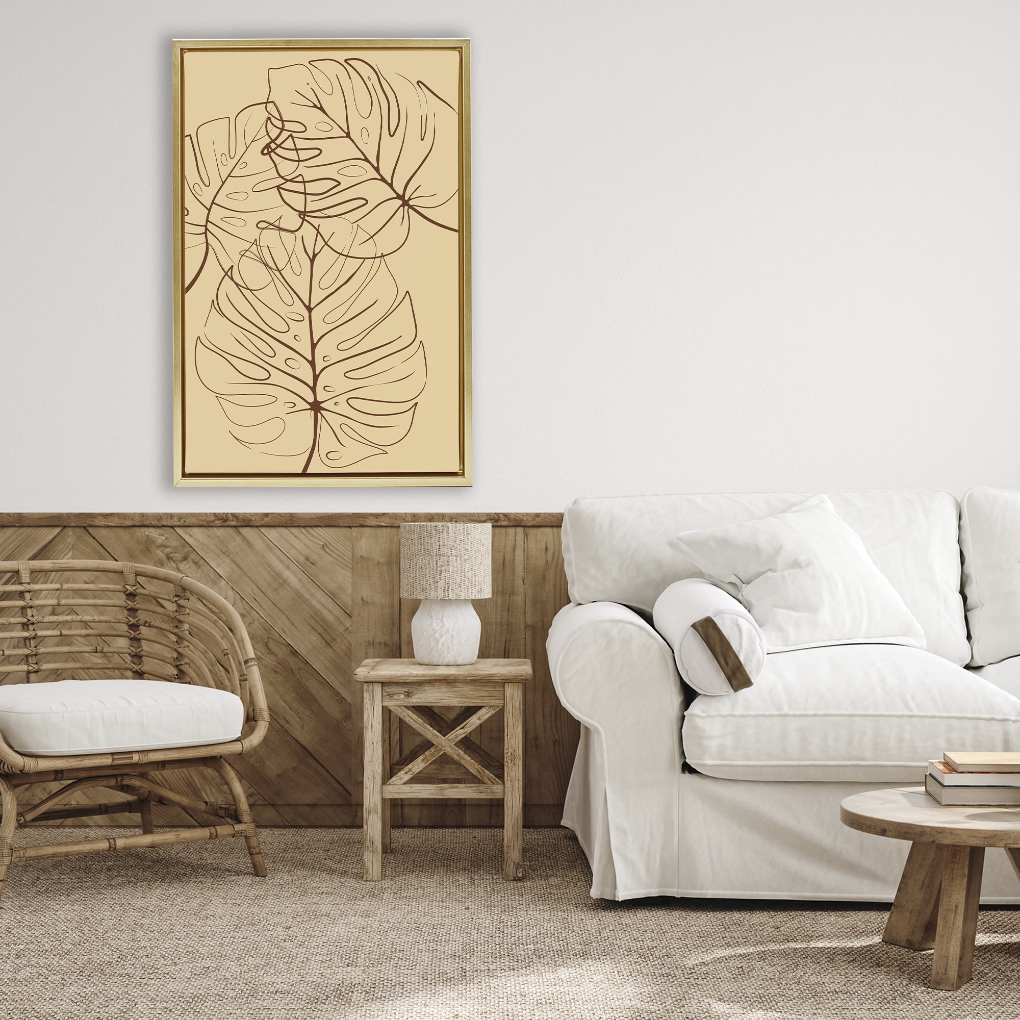 Stupell Industries Autumn Monstera Leaf Contour Gold Framed Floater Canvas Wall Art, design by Martina Pavlova