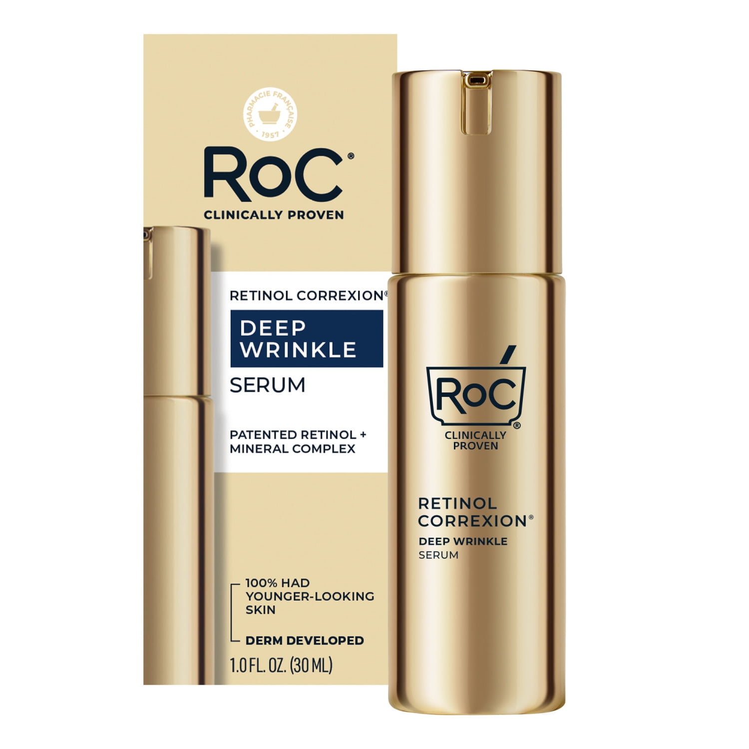 RoC Retinol Correxion Deep Wrinkle Serum with Patented Clinical Retinol, Anti-Aging Face & Neck Serum Paraben-Free, 1 fl oz