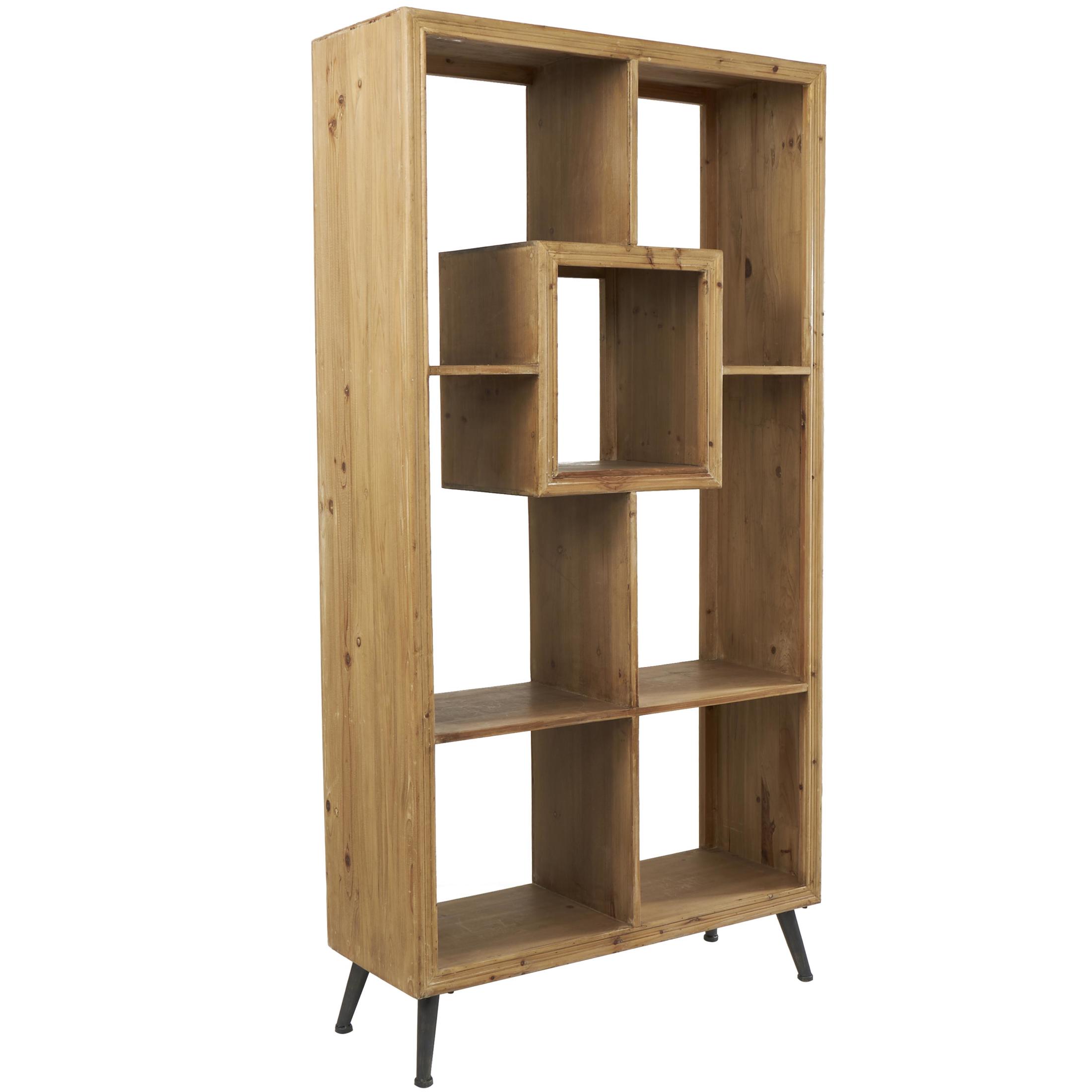 DecMode 35" x 70" Light Brown Wooden Geometric Bookcase 4-Tier Shelving Unit with Black Tapered Legs, 1-Piece