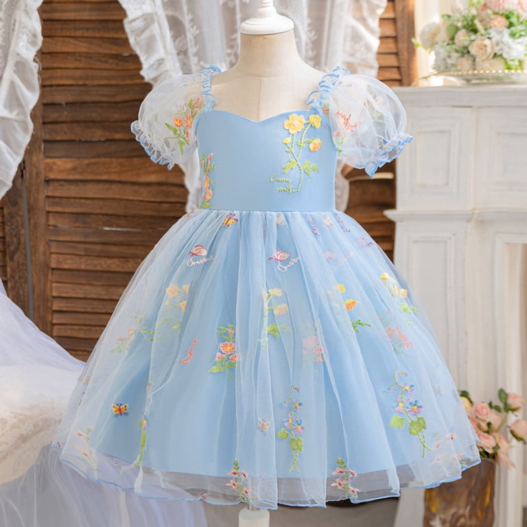 blue short princess dress Bigetiay Little Girl Sleeve A-Line Tiered Swing Casual Dress Girls Birthday Dress Dress, Girl's, Size: 4-5 Years Child  Size:child-2