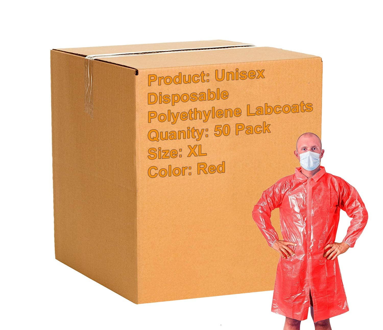Pack of 50 Red Lab Coats. XL Size. Unisex Disposable Polyethylene