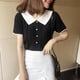 thumbnail image 5 of Minnieouse Camisa de punto de manga corta con solapa para mujer, camiseta con bloque de color y botones, blanco Prendas para la parte del cuerpo Negro, 5 of 6