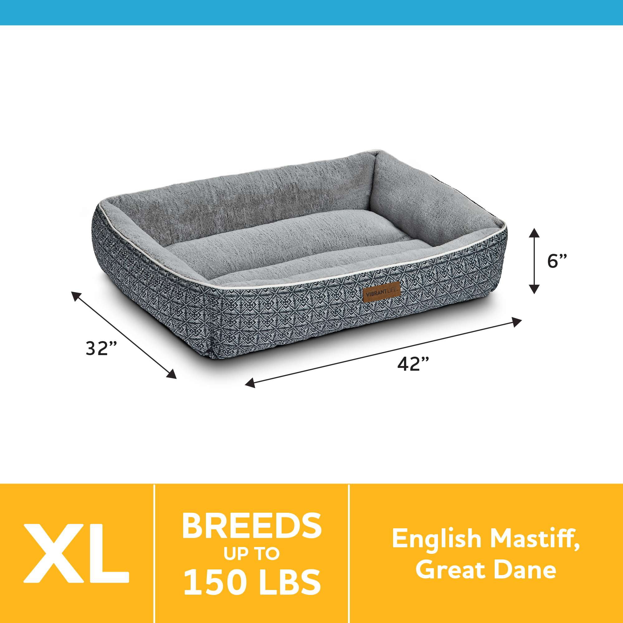 (2 pack) Vibrant Life Extra Large Dog Bed, Bolster Bed for Large Dogs, Extra Large, 42" x 32", Black
