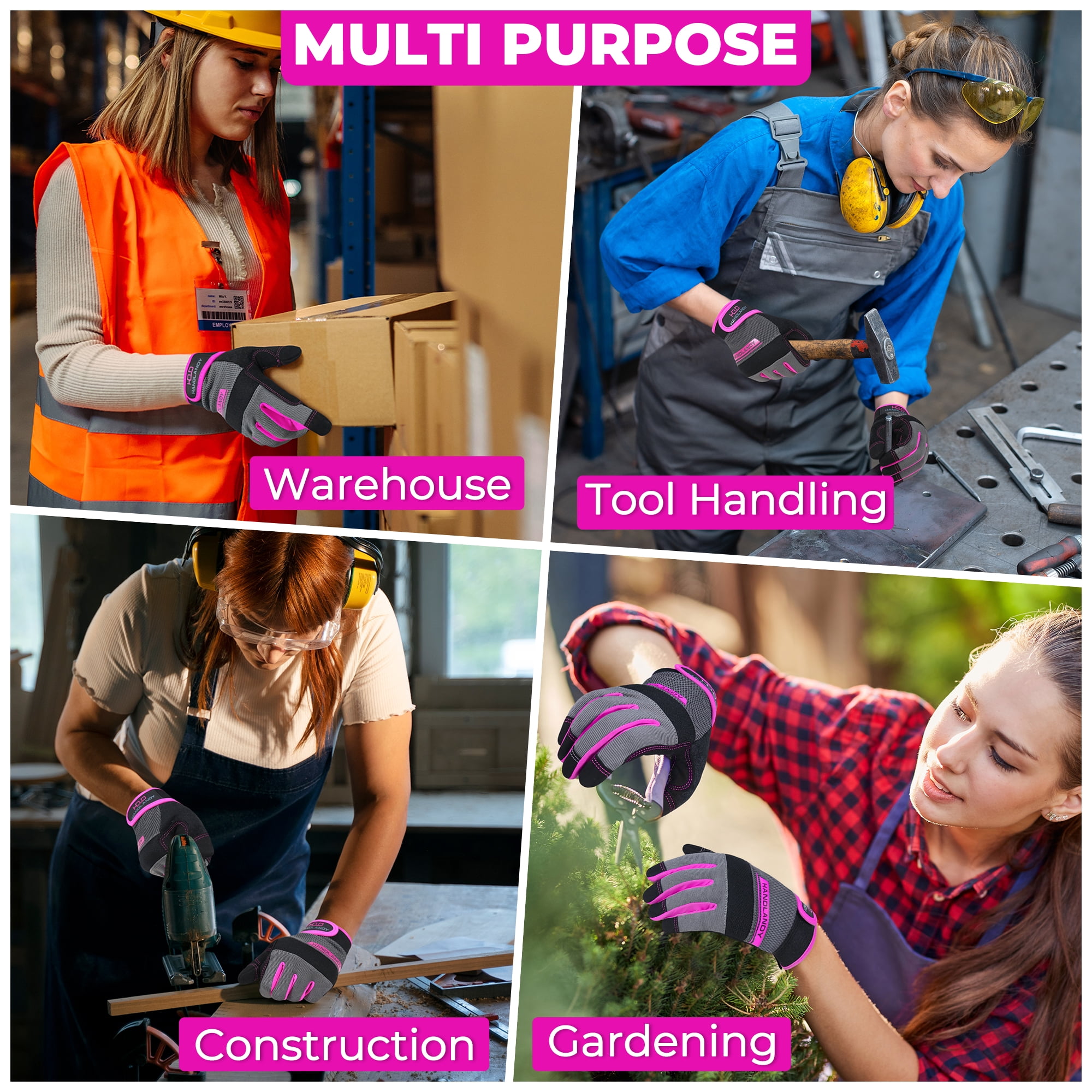 HANDLANDY Utility Work Gloves Women, Thin Mechanic Working Gloves Touch Screen, Pink, Medium