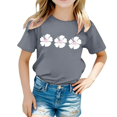 Glisme Girls Tops Size 8-9 Years Printed Round Neck Short Sleeved T Shirt Casual Top Sweet Light Gray Graphic Tee