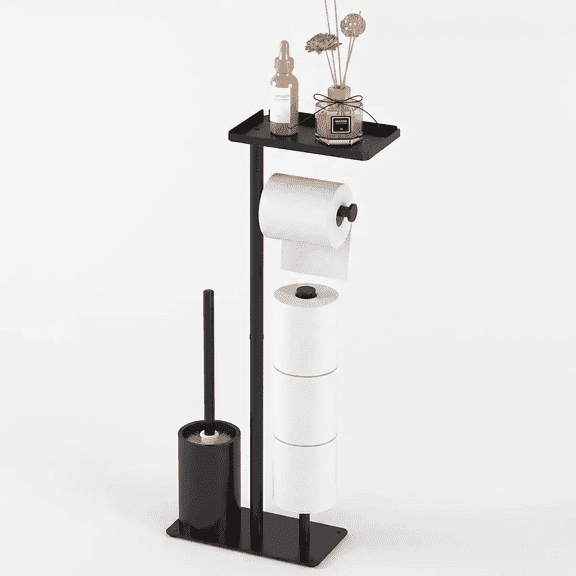AJOHBM Toilet Paper Holder Stand With Toilet Tissue Roll Storage, Freestanding Bathroom Storage Organizer with Top Storage Shelf & Toilet Brush Holder, Black
