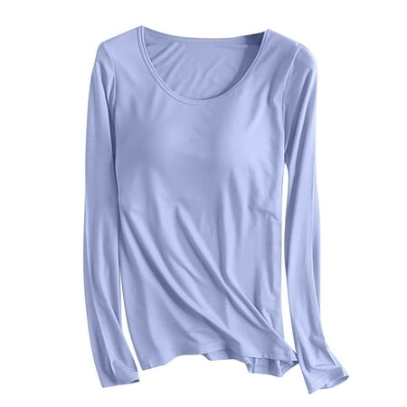 Women Long Sleeve Tops with Built in Bra Womens T-Shirt Bra Long Sleeve Pajama Yoga Tops Padded Casual Pullover Tops Tee Shirts Light Blue M