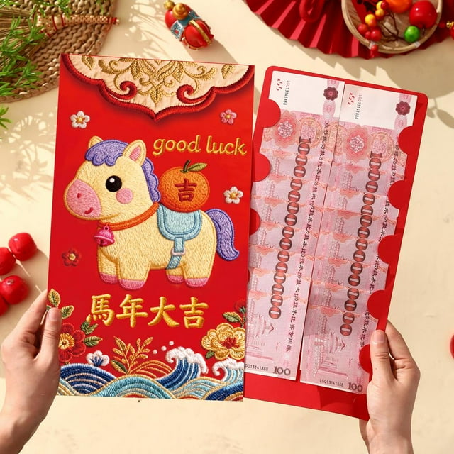 Grandes Enveloppes Angpao Rouges du Nouvel An Chinois pour l'Année du Cheval 2026, Décoration Cadeau Traditionnelle du Zodiaque, Grand Sachet d'Argent Festif