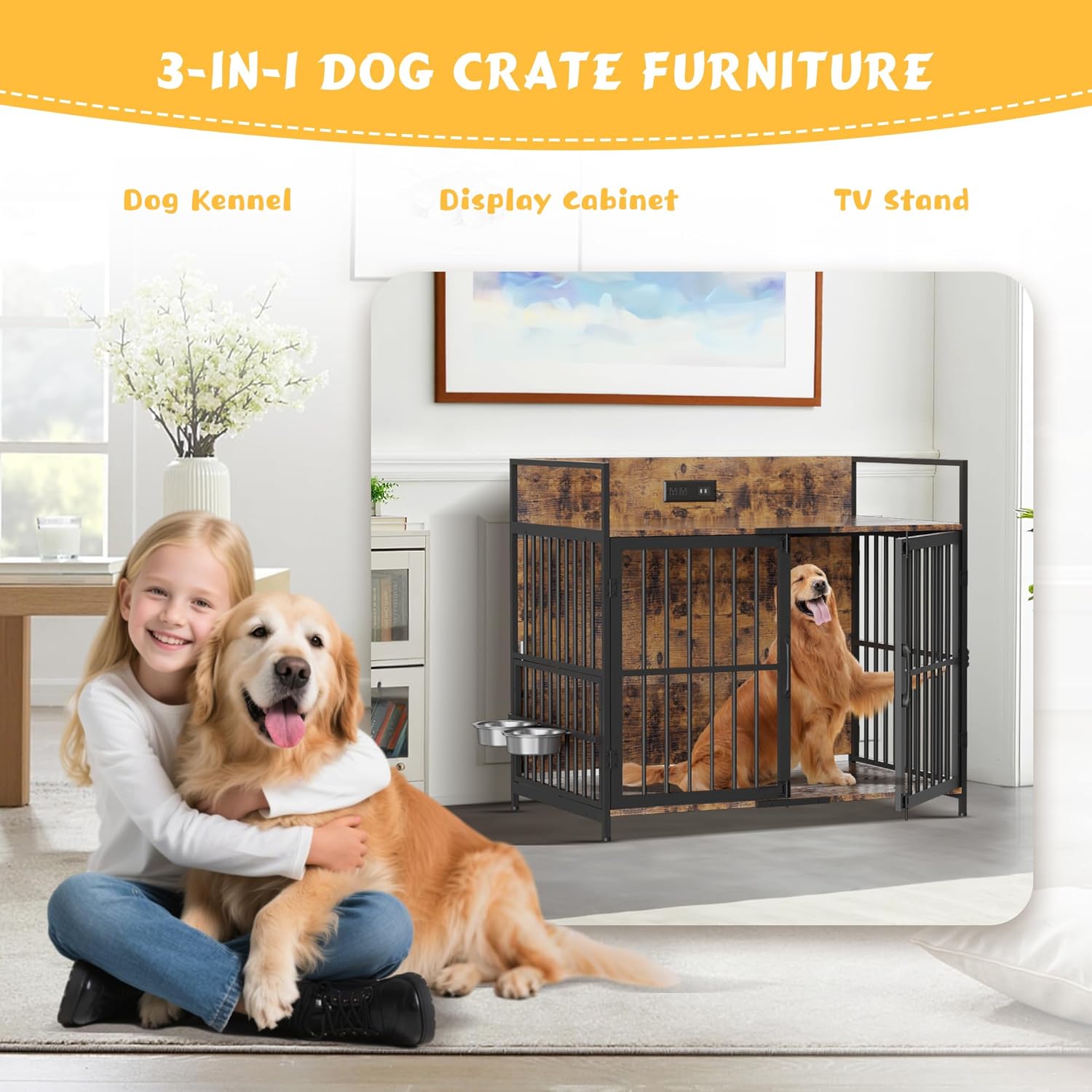 Haverchair 41" Dog Crate Furniture, Indoor Wooden Large Dog Kennel with 2 Rotating Feeder Bowls, Heavy Duty Dog Crates with Charging Station as End Table