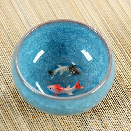 

Novelty 3D Ceramic double Fish China tea Big Cup Crackle Glaze Travel Tea Bowl Kung Fu Cup SetChinese Porcelain cup Sets