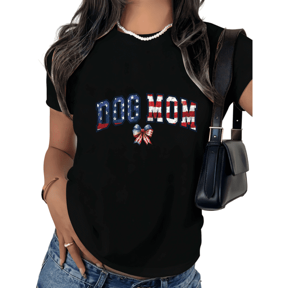 Black American Flag Dog Mom Varsity Print Tshirt Graphic Tees Shirts Patriotic Pet Owner Casual S-5XL Tops