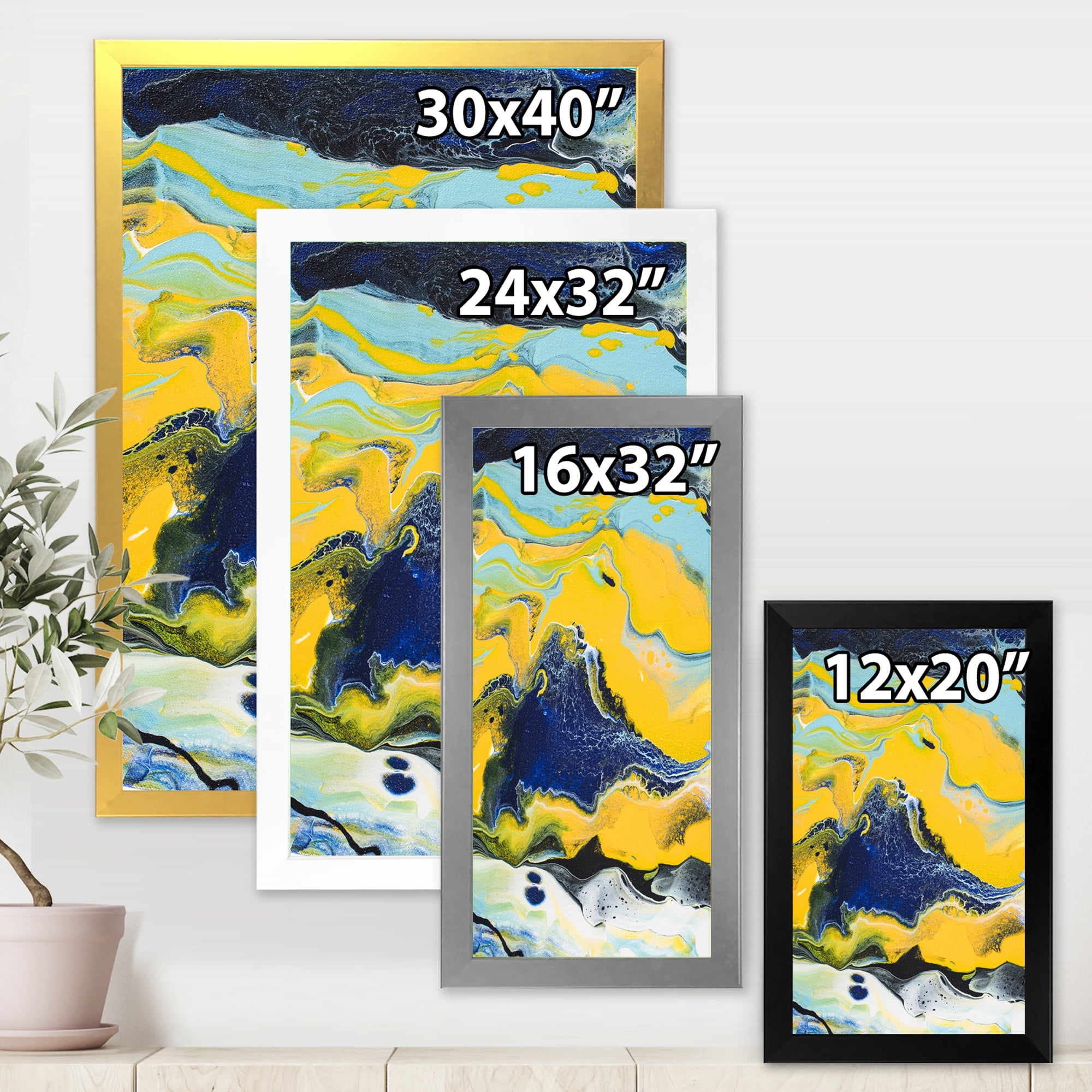 Designart 'Abstract Marble Composition In Blue and Yellow I' Modern Framed Art Print