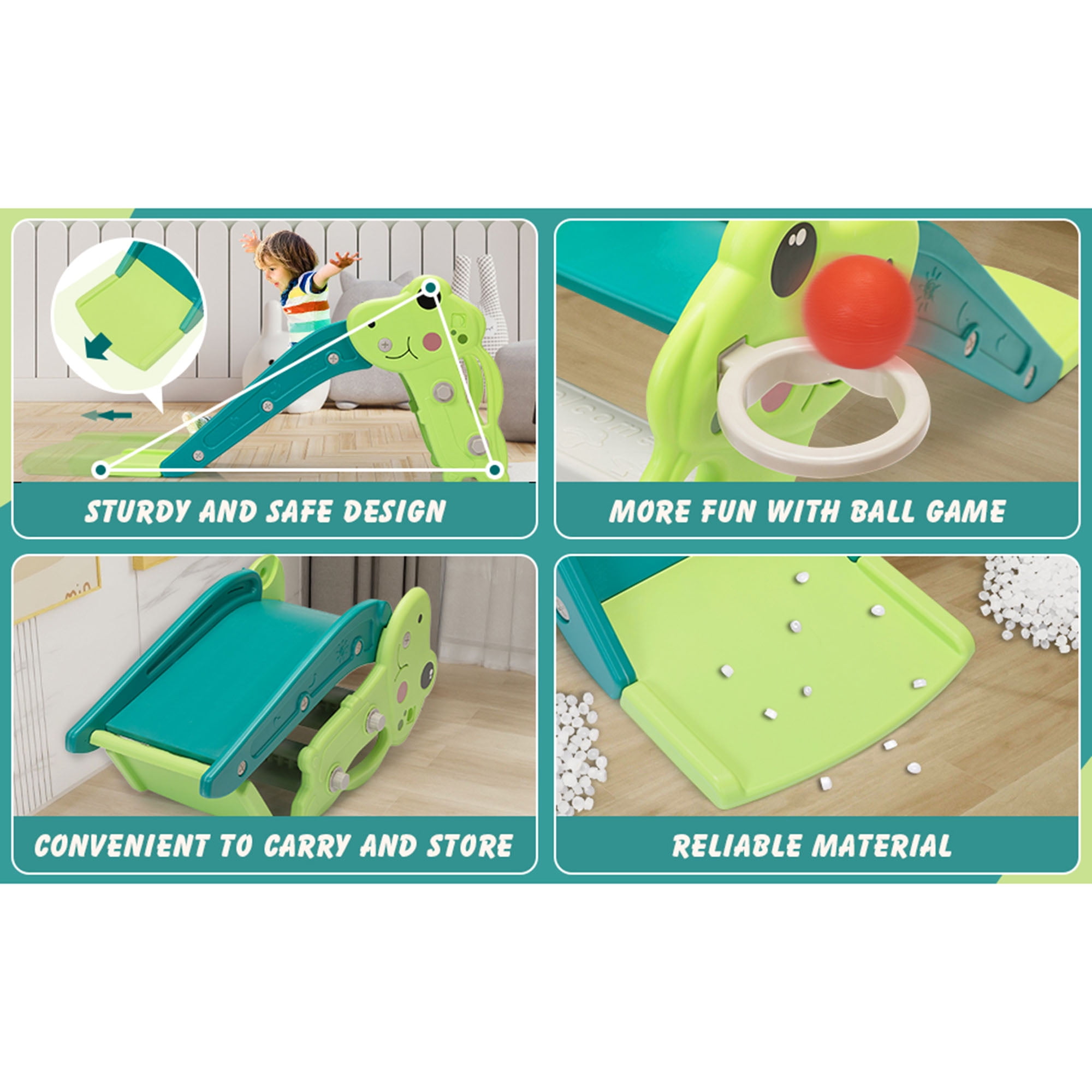 Kadyne 3 in 1 Toddler Slide Kids Slide, 42.9" Frogs Play Slide for Outdoor and Indoor, Play Slide with Basketball Hoop, Ball and Ladder, Green Kadyne 3 in 1 Toddler Slide Kids Slide, 42.9" Frogs Play Slide for Outdoor and Indoor, Play Slide with Basketball Hoop, Ball and Ladder, Green