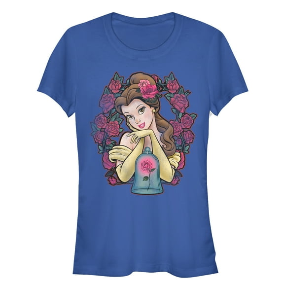 Junior's Beauty and the Beast Belle Rose Frame  Graphic Tee Royal Blue Large