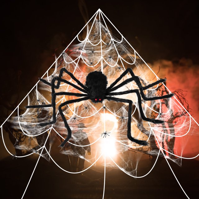 Muyoka Juego de tela de araña gigante de tela de araña triangular de Halloween con araña aterradora negra y 20 arañas pequeñas Juego de decoración de horror de Halloween para fiesta de disfraces Decor Muyoka Hogar