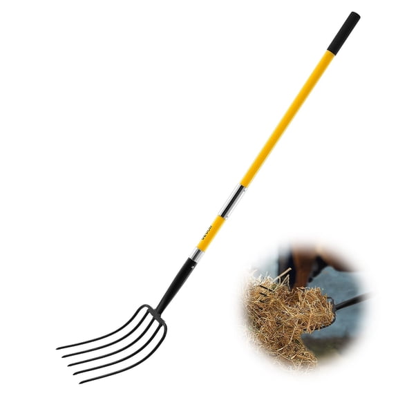 VEVOR Garden Fork, 5-Tine Gardening Pitchfork with Fiberglass Handle, 57 in Heavy Duty Digging Fork with Y Grip, Forged Steel Spading Fork for Hay Potato Composting Transplanting Aeration