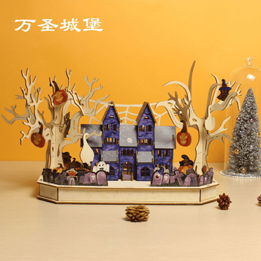 ZYLEGEN Halloween Castle 3D Wooden Puzzles, DIY LED Model Building Kits as Home Decor Gift Ideas