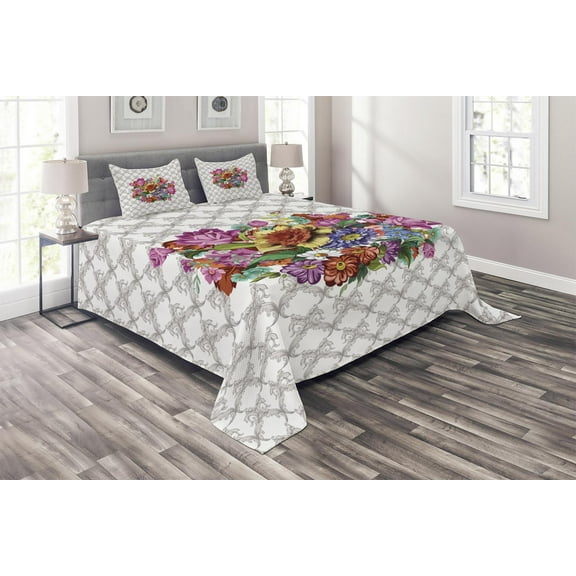 Ambesonne Floral Quilted Coverlet 3 Pcs, Damask Pattern Bouquet, King Size, Multicolor