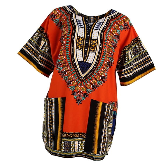 Cotton African Dashiki Skirt Dress Loose Fit Short Sleeve Caftan Tops for Men - Orange, as described