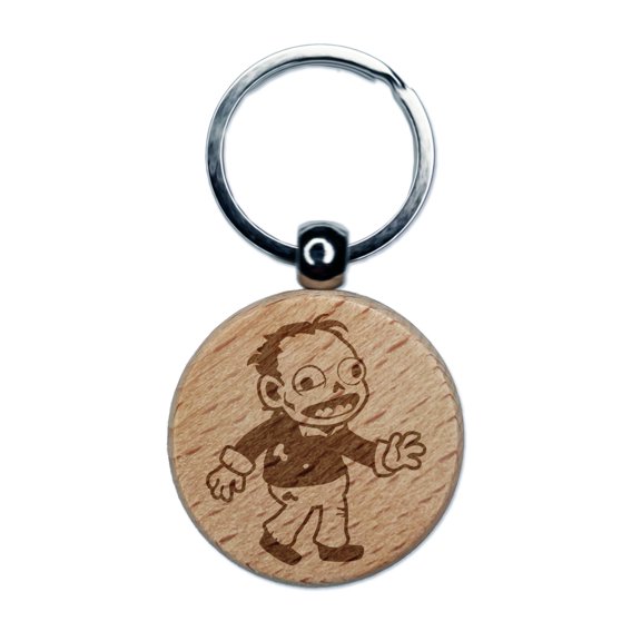Happy Zombie Shambling Undead Monster Round Keychain Charm Tag - Engraved Wood