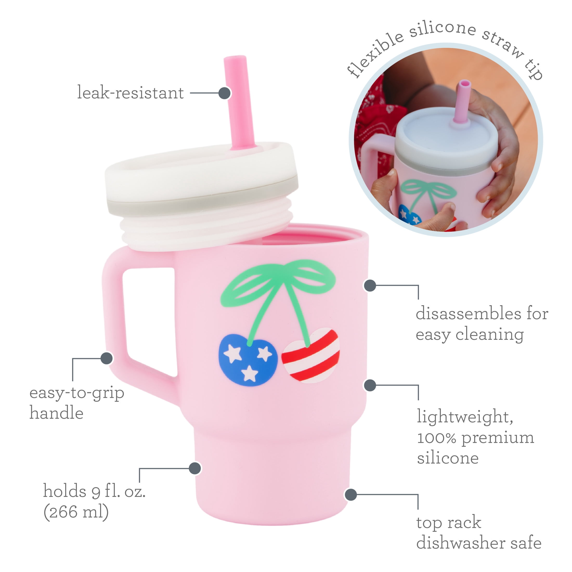 Infantino My 1st Tumbler Toddler Training Cup with Straw, 9oz Sippy Cup with Easy-Grip Handles, Spill-Resistant, Limited Summer Edition Cherries