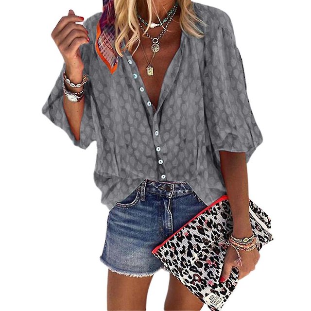 Blusa informal de manga larga con botones para mujer de talla grande ABlueXL