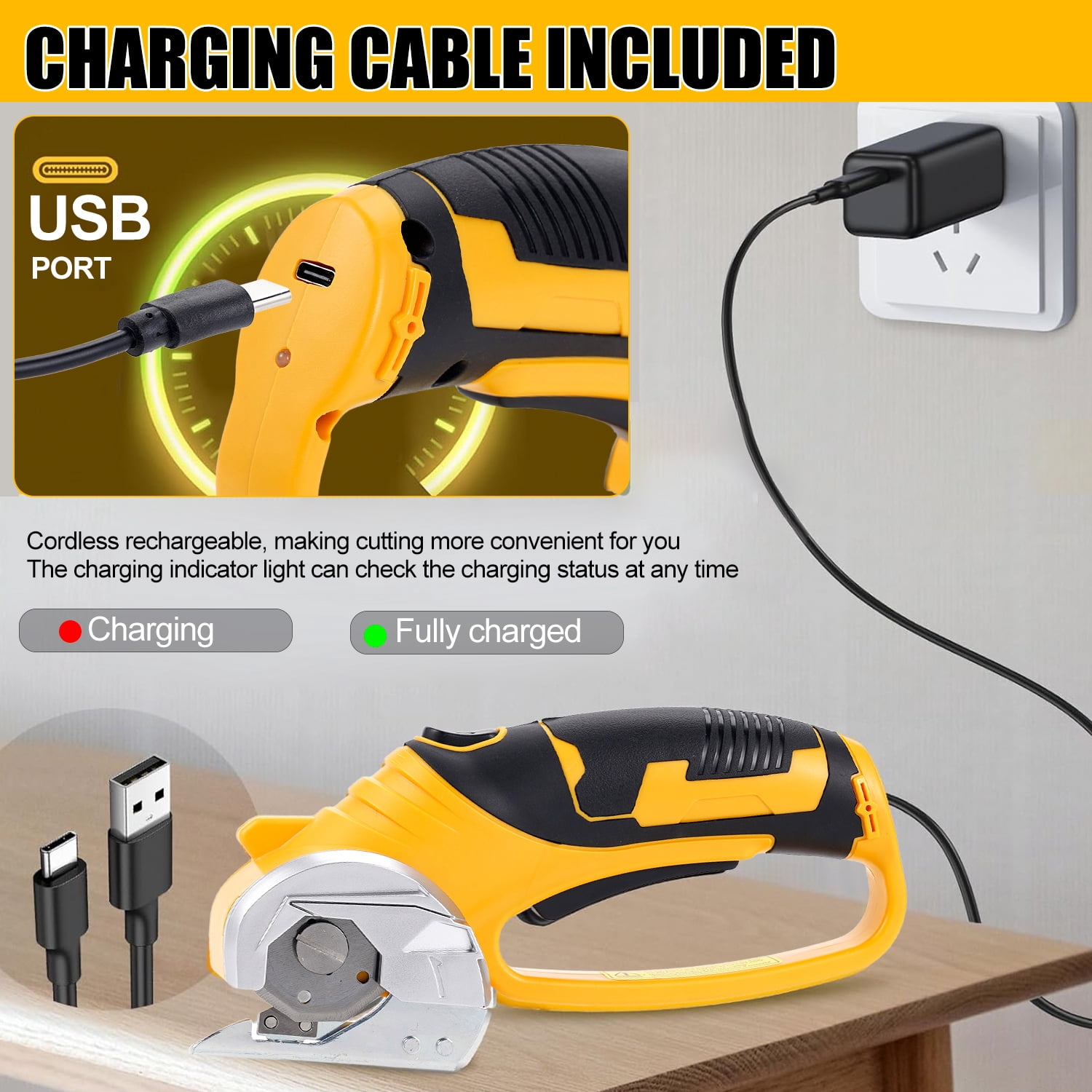 HORMY Cordless Electric Scissors with Blade, 3.6V Super Scissors Rechargeable with Safety Lock, for Cardboard Cutting Fabric Paper Sewing, Yellow