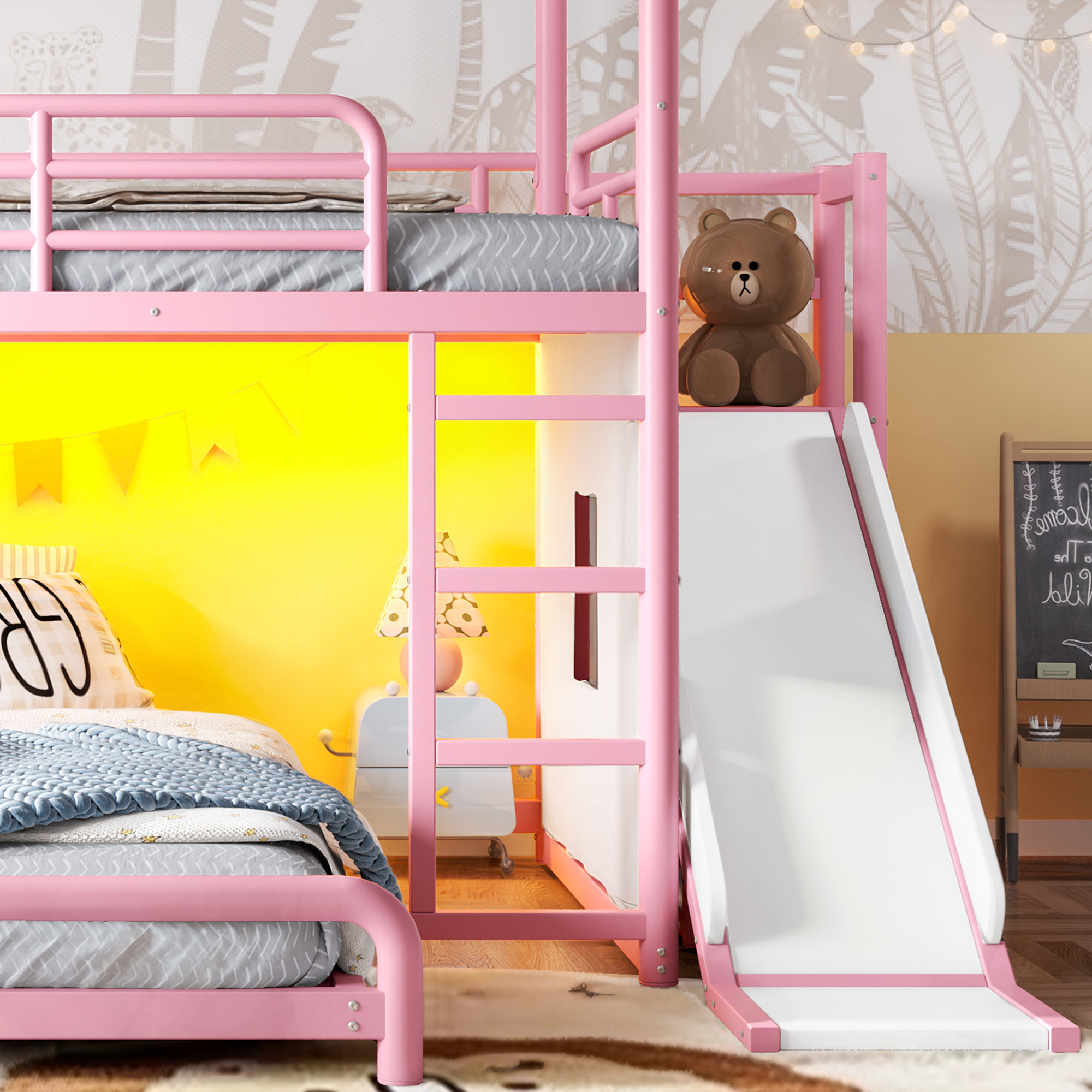 Leumius Full over Full Playhouse Metal Bunk Bed with Slide & Ladder, House Shaped Bunk Bed with LED Light Strip, Privacy Curtain, Movable Storage Cabinet and Hanging Rod for Bedroom Pink