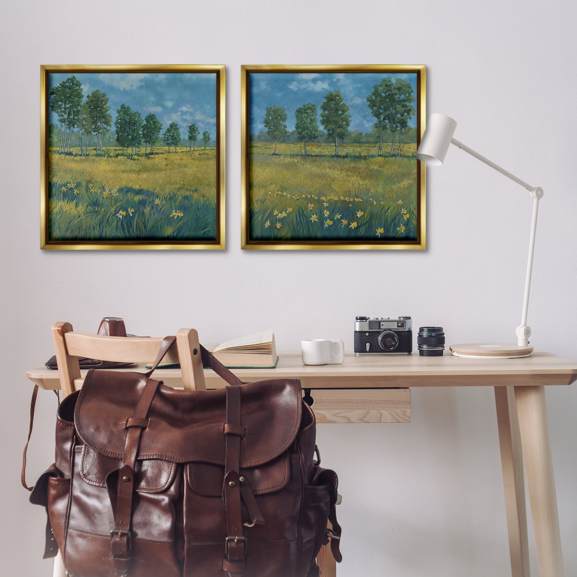 Stupell Industries Daffodil Tree Lined Field Landscape & Nature Painting Gold Floater Framed Canvas Art Print Wall Art, 25 x 25, Set of 2