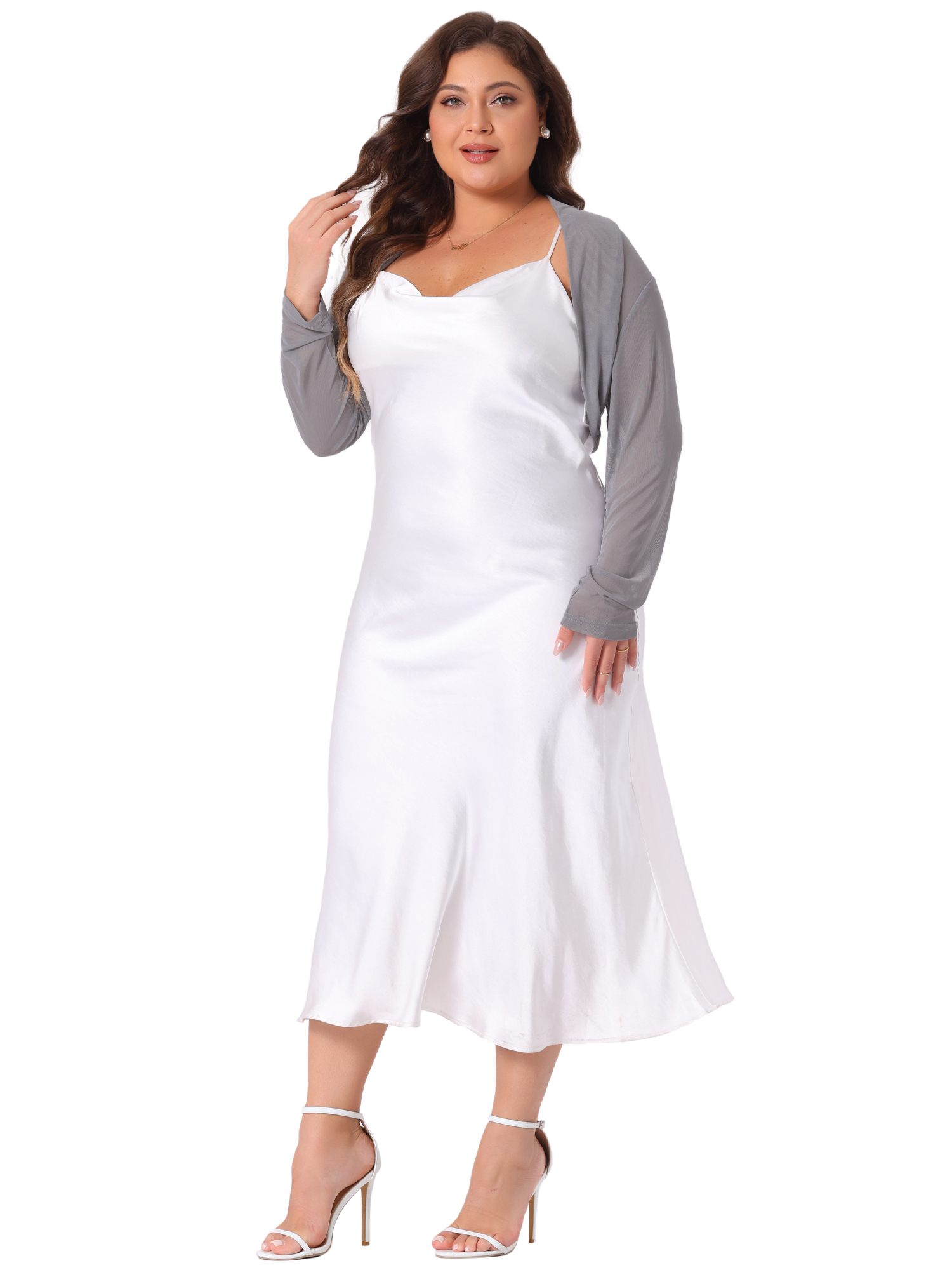 DARING DIVA Women's Plus Size Mesh Crop Long Sleeve Sheer Bolero Shrug Top 3X Gray