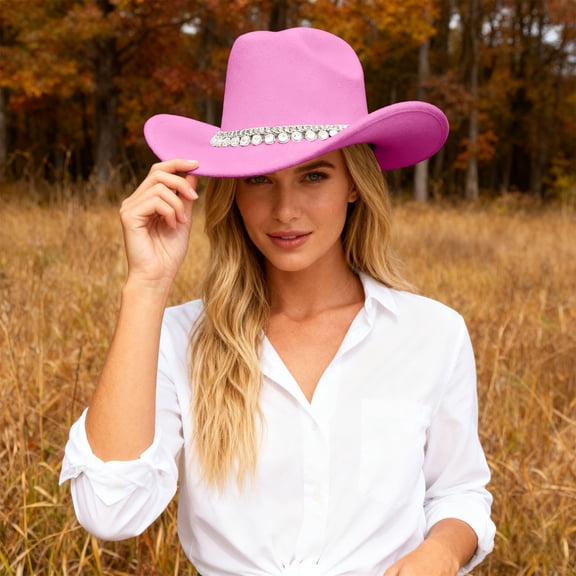 British Style Wide Brim Cowboy Hat Elegant Western Rancher Headwear Classic Embellishment For Fashionable Outdoors Events, Pink