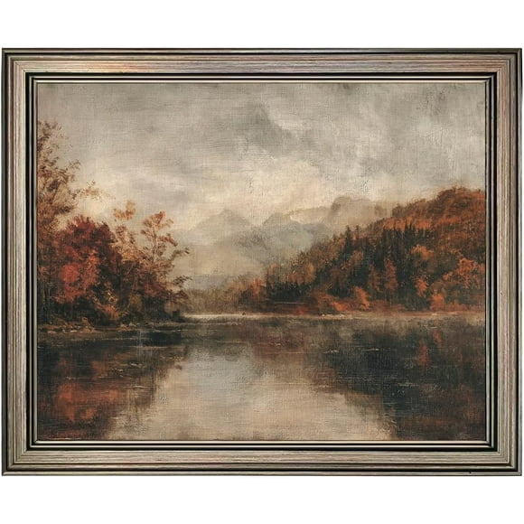 AIR-Vintage Framed Canvas Wall Art Rustic Fall Lake Landscape Oil Painting Moody Autumn Scene Artwork