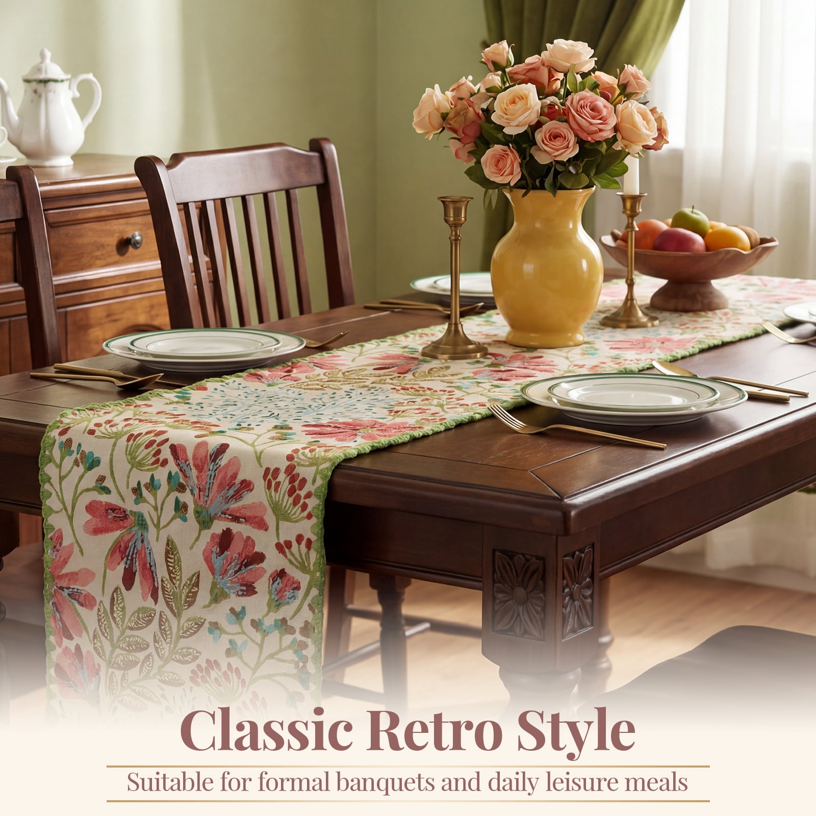 Spring Botanical Elegant Table Runner with Floral Jacquard Pattern Decorative Dining Table Decor with Delicate Lace Edging,Green,12 x 71 Inch