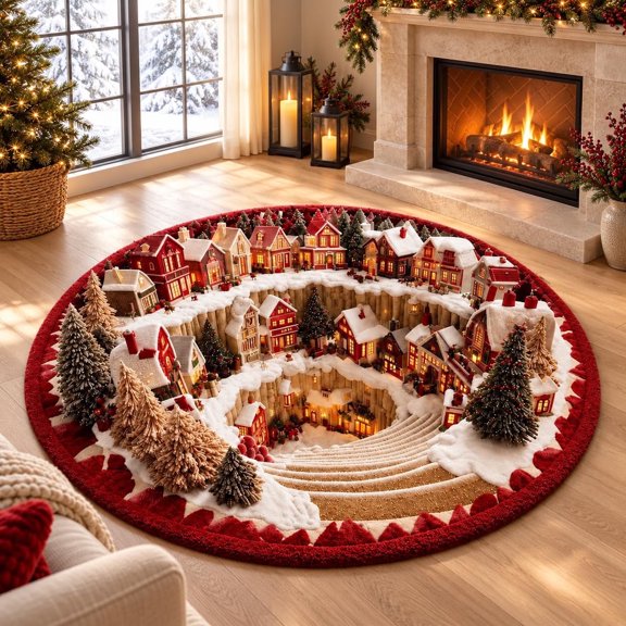 3D Round Christmas Area Rug, Festive Printed Holiday Floor Mat, Soft Fabric Decor Carpet with Non-Slip Backing for Living Room, Bedroom & Indoor Party Decor