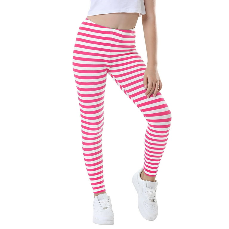 HDE Girl's Leggings Holiday Stretchy Full Ankle Length Striped Tights Pink  and White Stripes XS 