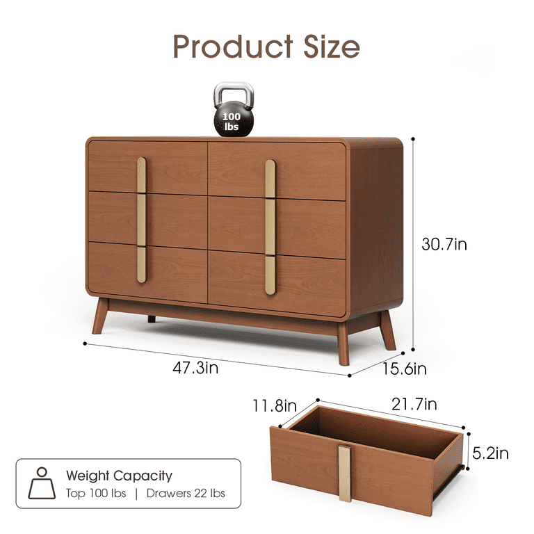 walmart mid century modern dresser JOINICE,Mid Century Modern Dresser,6 Large Wooden Drawers for  Bedrooms,Living Room,Hallway,Cherry