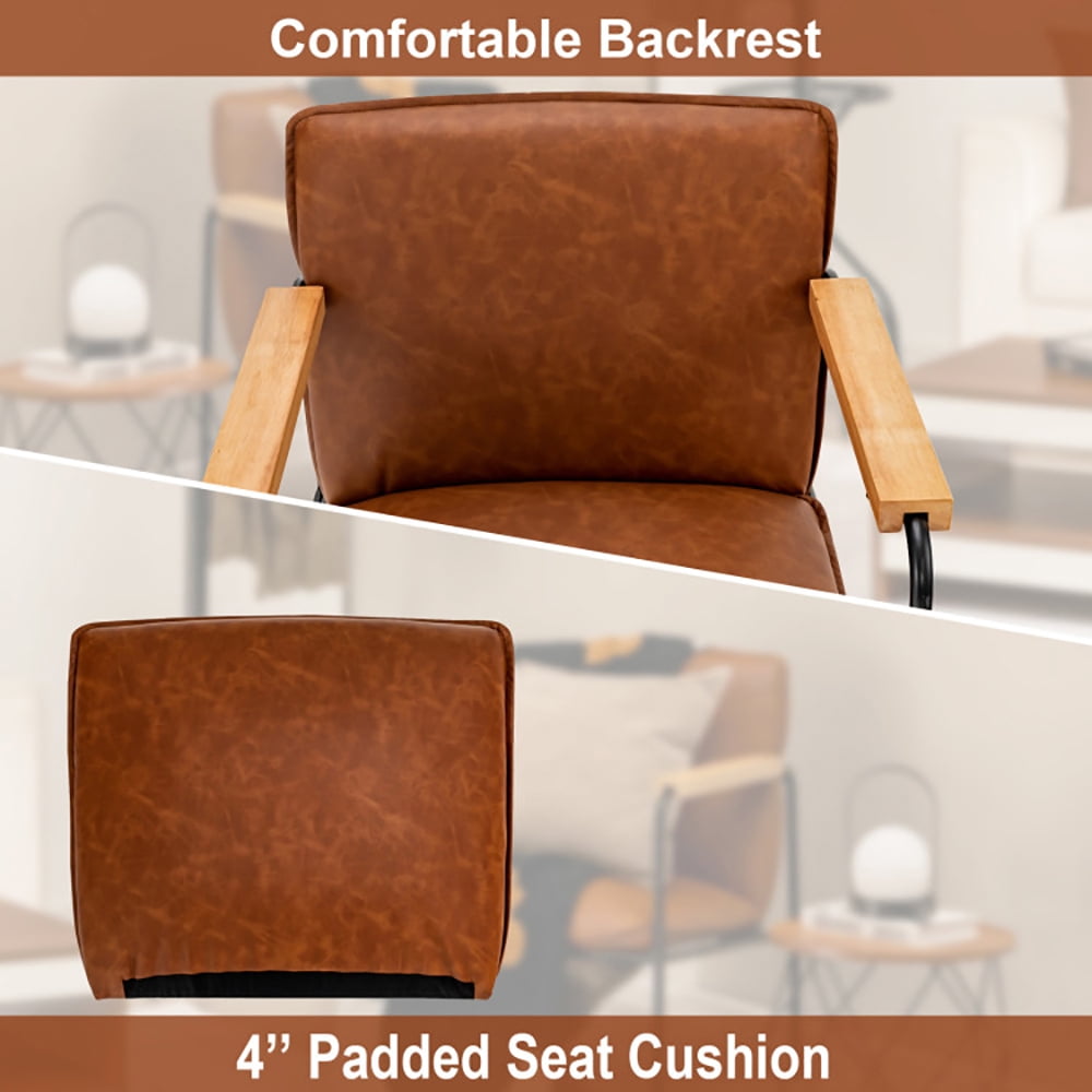 Finihen Upholstered Accent Armchair, PU Leather Accent Chair with Rubber Wood Armrests, for Living Room, Bedroom, Brown