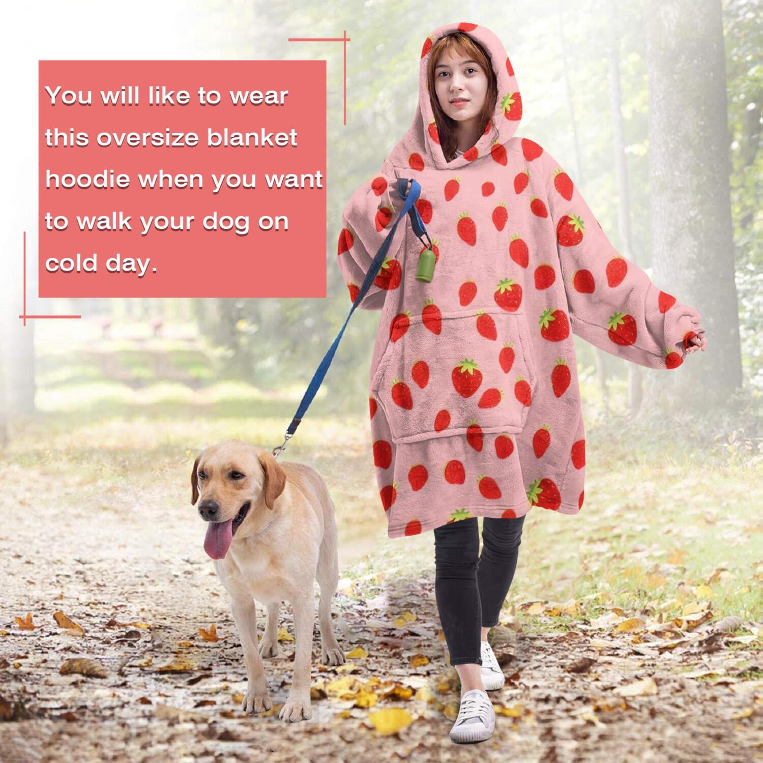 Red Strawberry Plants Fruit Pink Pattern Wearable Oversized Blanket,Wearable Blanket Hoodie for Adults,Cozy Hooded Blankets with Super Pockets,Super Warm Fuzzy Pullover for Women & Men