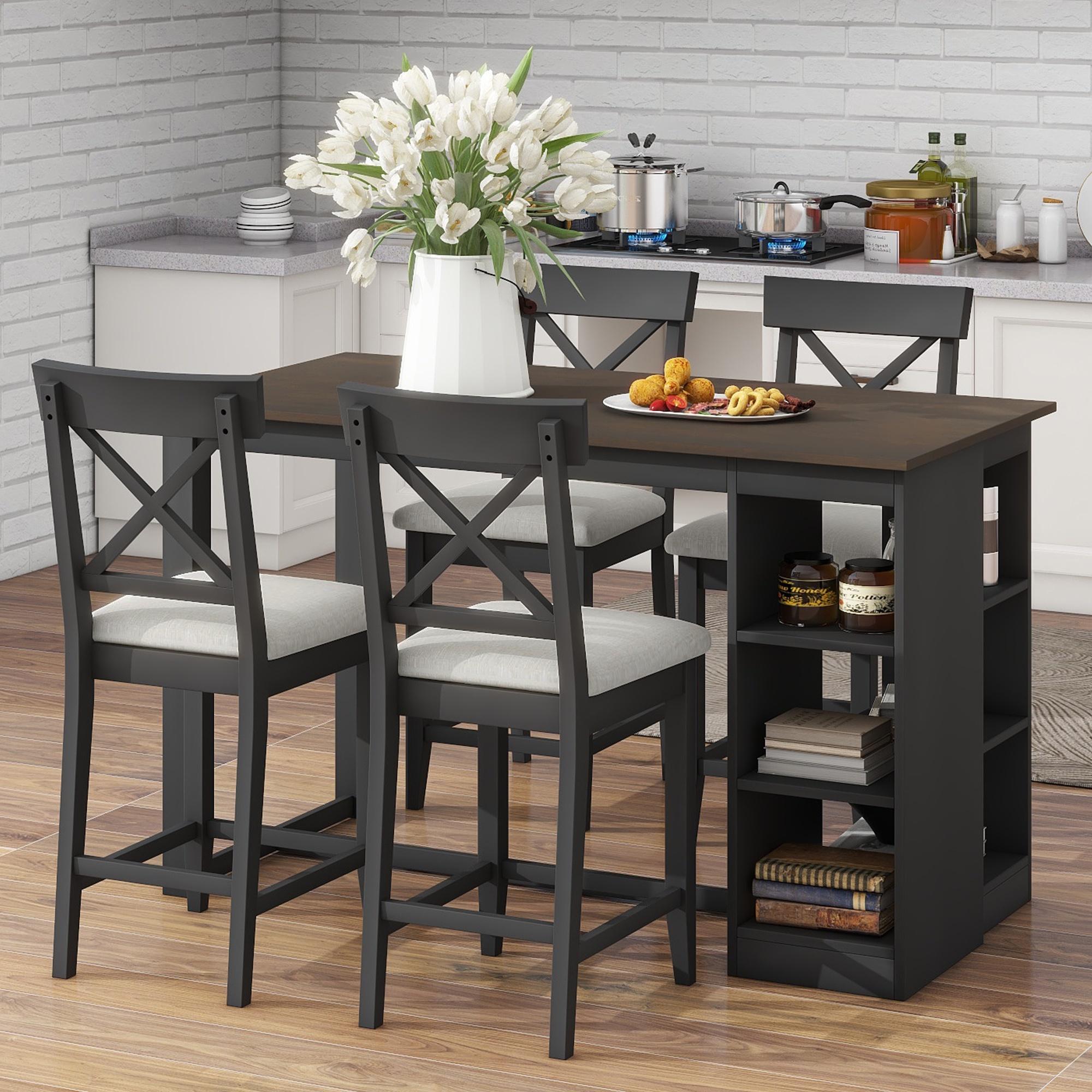 PORKISS 5 Piece Dining Table Set, Solid Wood Dining Table with 3-tier Storage Shelves, 4 Upholstered Chairs for Dining Room Kitchen Apartment, Gray