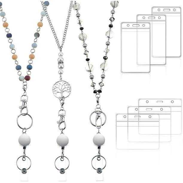 3 Pieces Retractable Badge Reel Lanyards Necklaces, Name Badge Holder  Lanyard with 6 Pieces ID Holders, ID Badge Holder Clip Beaded Chains for  Name Card Holder Key Chain Women Office 