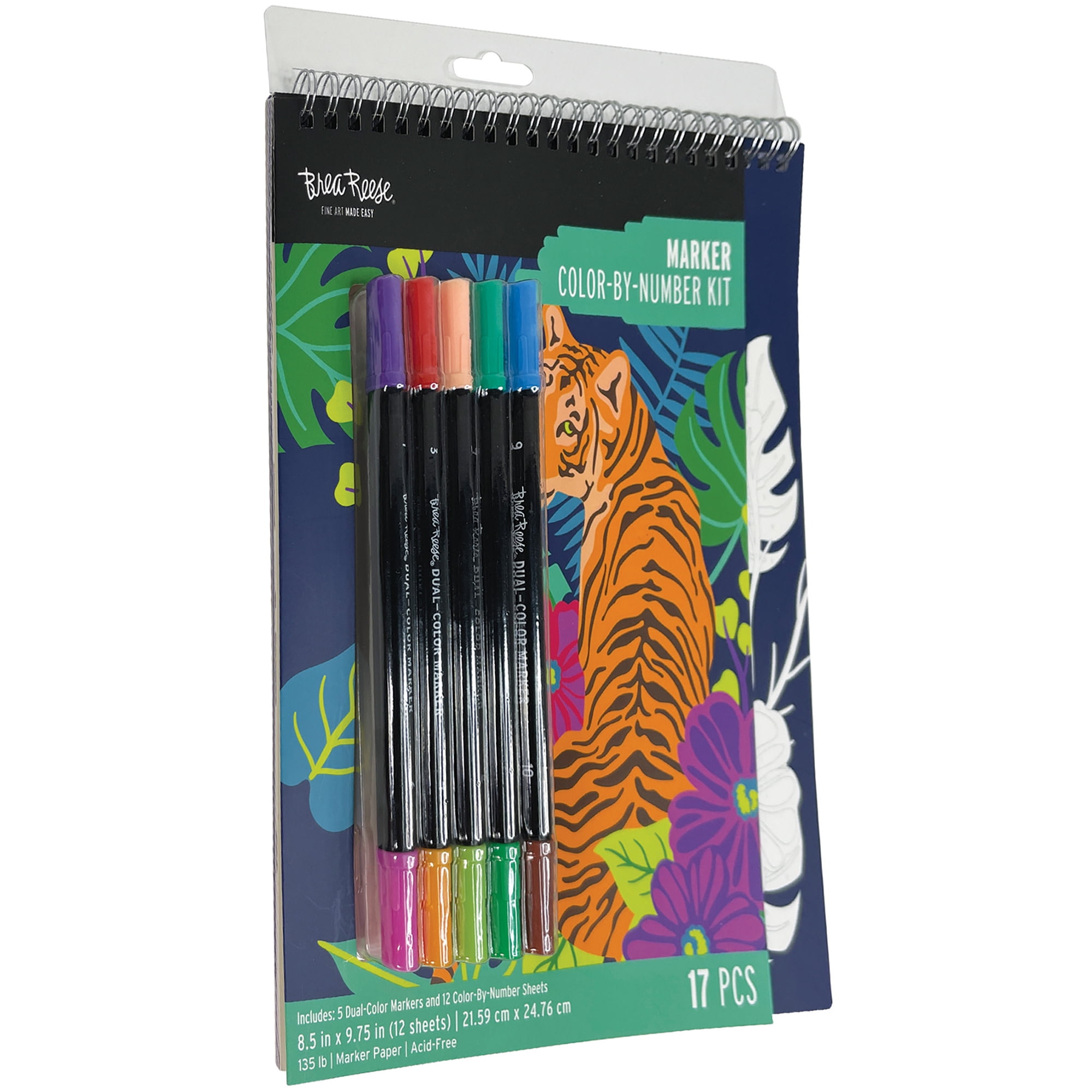 Brea Reese: Marker Color-by-Number Kit - Jungle Animals - 5 Dual-Tip Markers, 12 Nature Designs, Guided Art, 8.5 x 9.75" Pages, Adult Spiral Art Pad