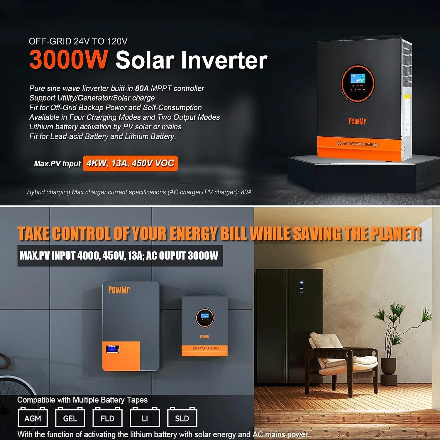 PowMr 3000W 24V Solar Inverter Hybrid 110VAC 80A MPPT Controller Max PV 450V Off Grid for Flooded Lead-Acid Vented Sealed Gel Nicd Lithium Battery