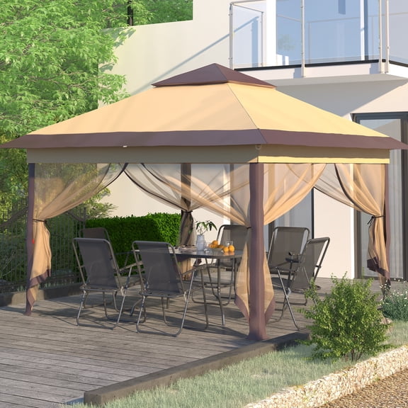 Ainfox 11x11 ft Outdoor Patio Pop Up Canopy Gazebo with Heavy Duty Frame, Mosquito Netting & UV Protection,Tan