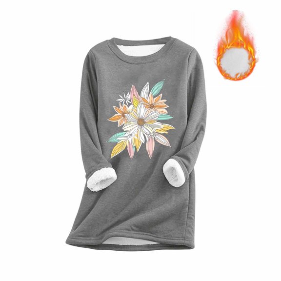 XUNKUSGA Women's Clothing Sherpa Fleece Pullover Women Warm Crew Neck Long Sleeve Clothes for Women Cute Printed Fitted Tops for Women Trendy S-16XL
