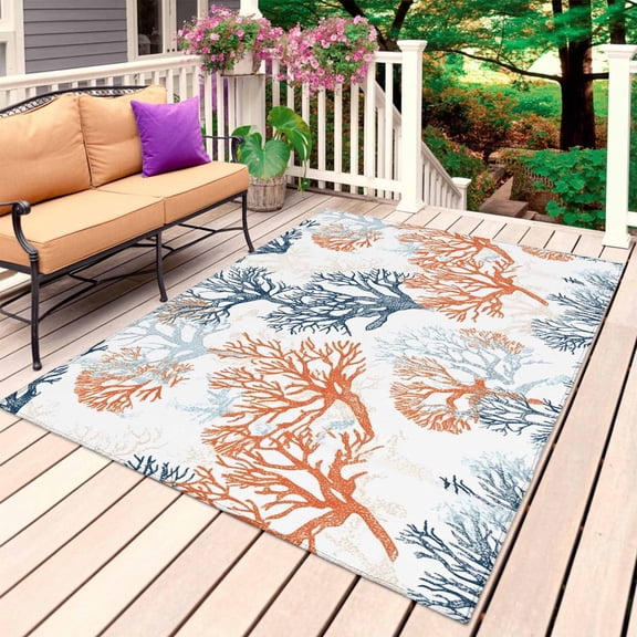 Orange Ocean Coral Outdoor Rug 6x9 Ft, Non Slip Washable Area Rug, Retro Coastal Ombre Blue Gradient Patio Rugs Carpet Runner, Large Floor Mat for Indoor/Outdoor Deck Porch Camping